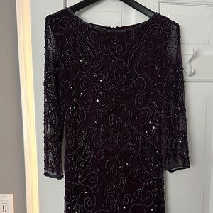Pisarro Nights Elegant Long Sleeve Sequin Dress in Dark Purple